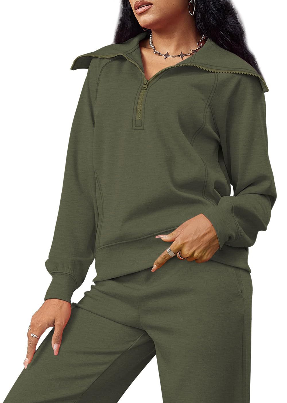 Zipper Sweatshirt Wide-Leg Pants 2 Piece Set Women Casual Tracksuit Outfit for Spring Fall - Loose Fit Jogger Co-ord Set