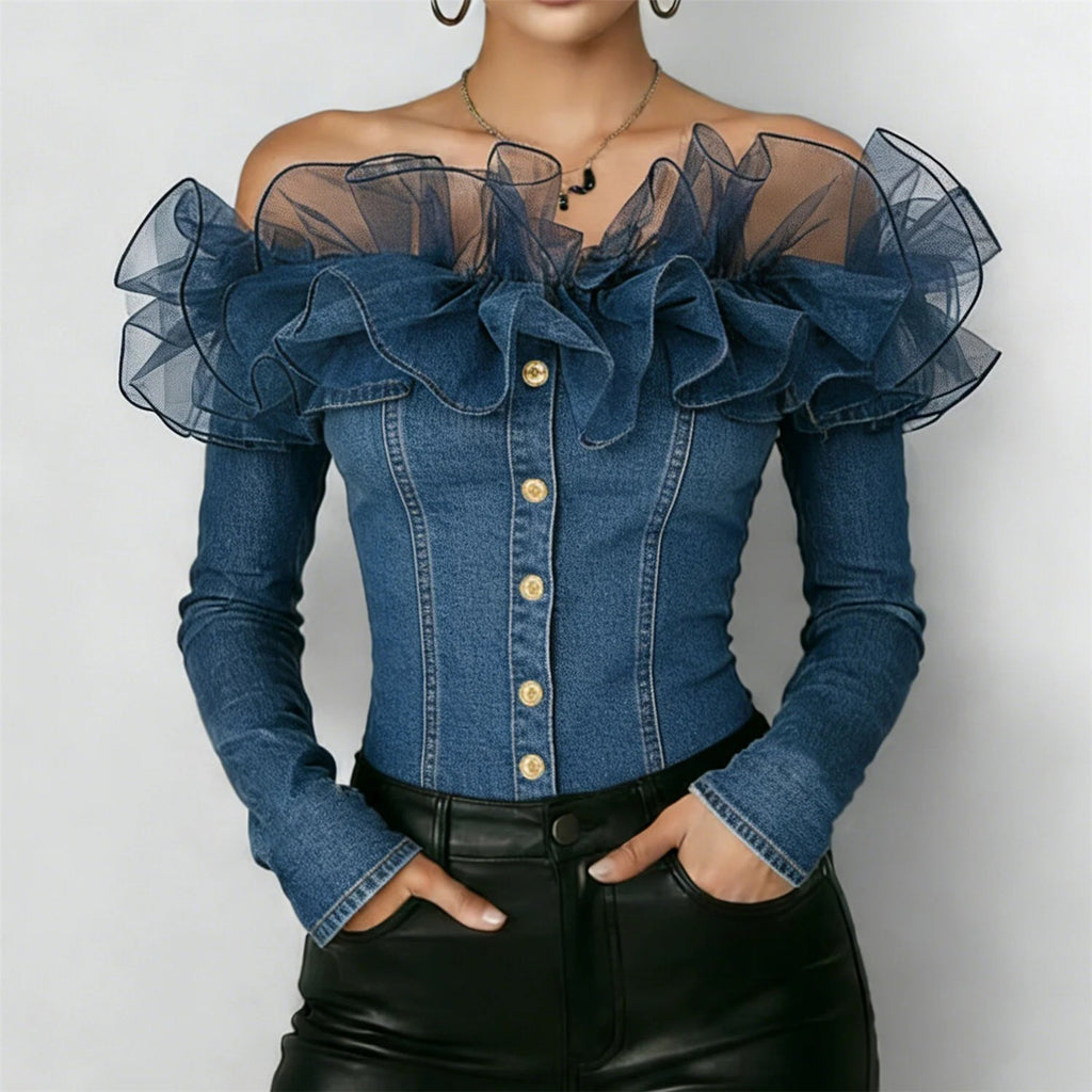 Off Shoulder Denim Top Women Navy Blue Ruffle Long Sleeve Button Closure S-XXL