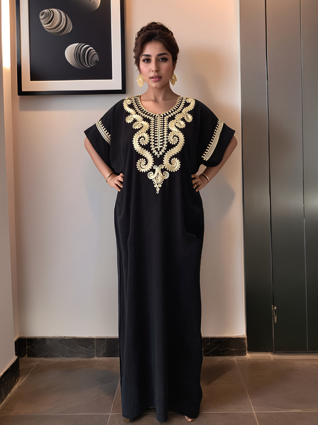 Women's Kaftan Dress Muslim Short Sleeve Round Neck Modest Robe for Hajj Eid Wedding Everyday Wear Year-Round Comfortable Cultural Dress for Women