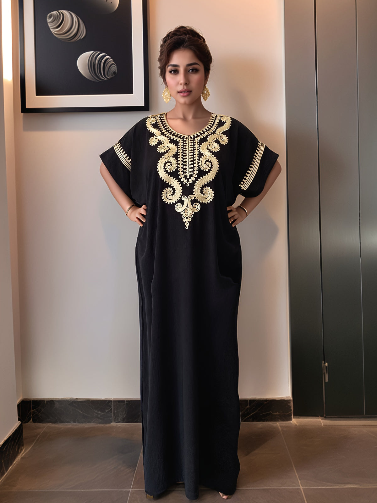Women's Kaftan Dress Muslim Short Sleeve Round Neck Modest Robe for Hajj Eid Wedding Everyday Wear Year-Round Comfortable Cultural Dress for Women
