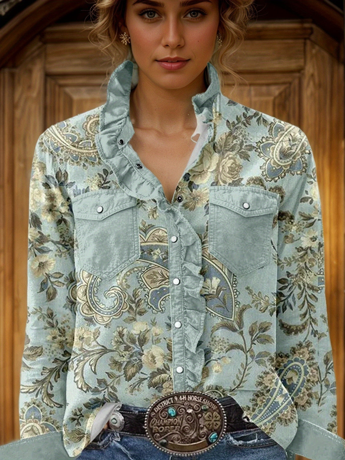 Vintage Paisley Print Shirt Women Long Sleeve Ruffle Lapel Collar Blouse Casual Woven Top Multicolor S-XXL