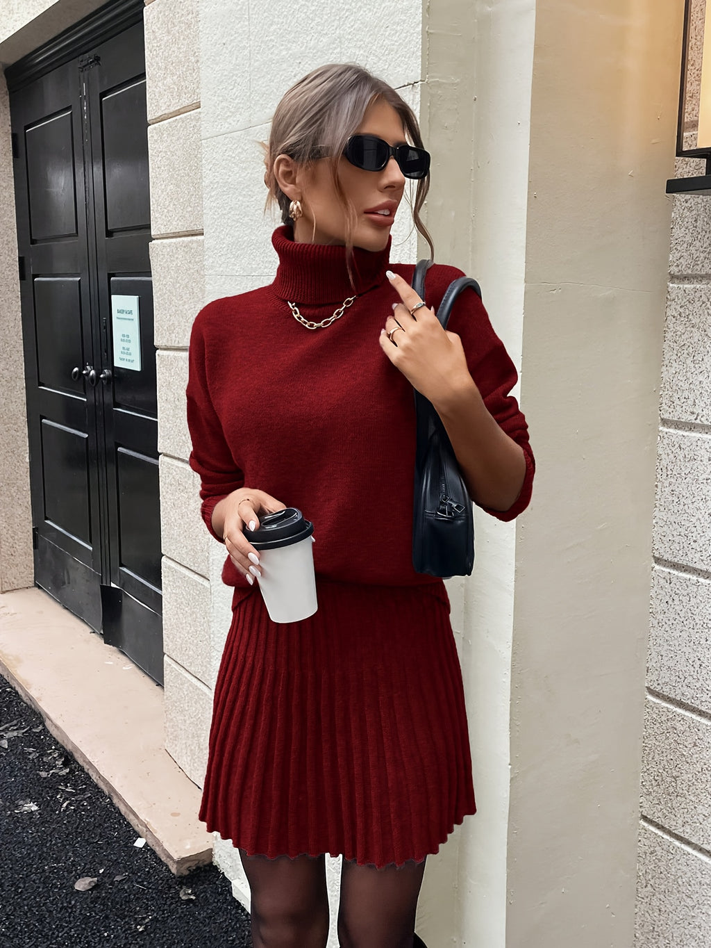 High-Neck Sweater Pleated Skirt Two-Piece Set Women Elegant Drop Shoulder Long Sleeve | Chic Knit Top + Pleated Skirt Co-Ord for Fall Winter Office & Daily Wear