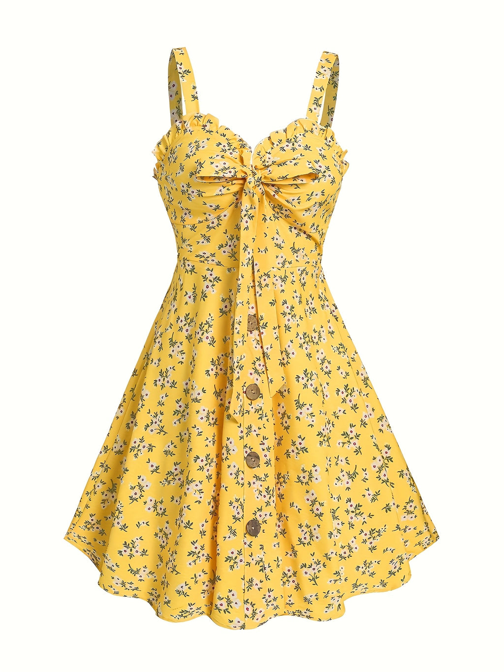 Floral Print Ruffle Bowknot Empire Waist Sleeveless Mini A-Line Dress Women Summer Vacation Beach