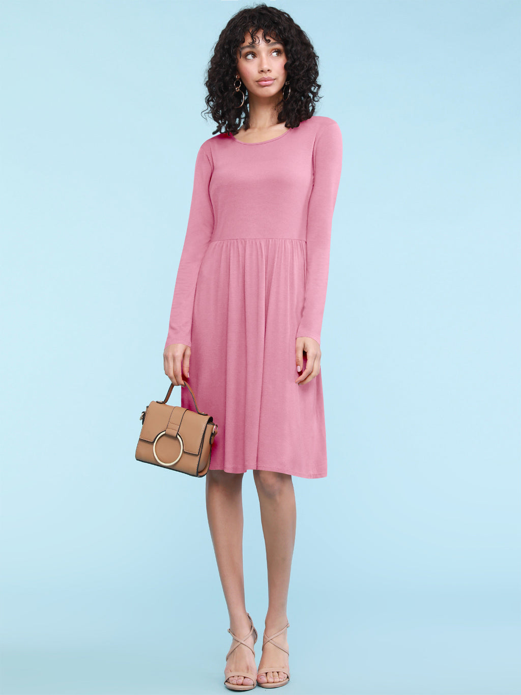 Long Sleeve Flowy Dress with Pockets Women Casual Soft Breathable Relaxed Fit Everyday Dress 18 Colors S-XXL