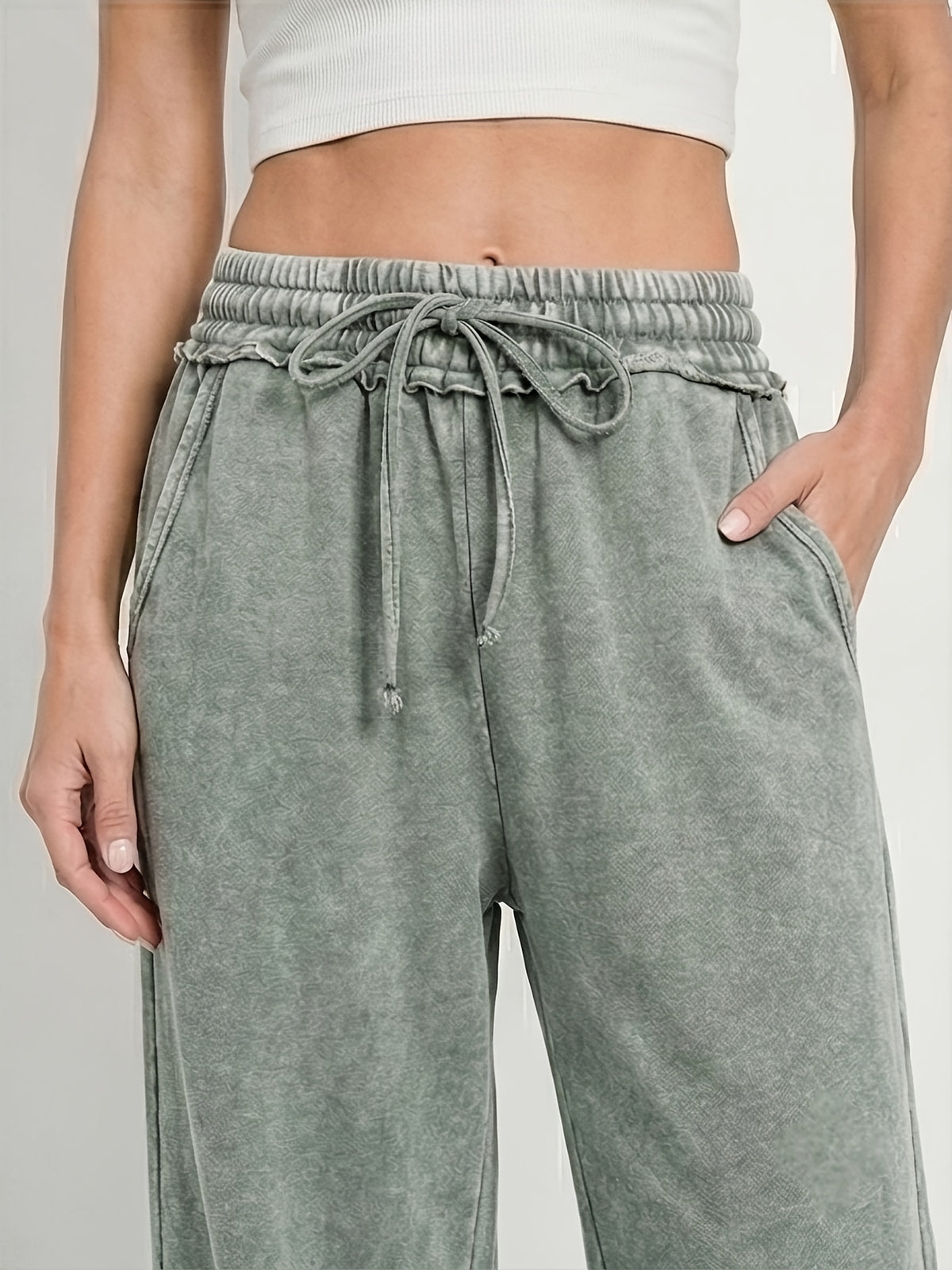 Acid Wash Palazzo Sweatpants Women High Waist Drawstring Wide Leg Pants Pockets Black Blue Sage Green