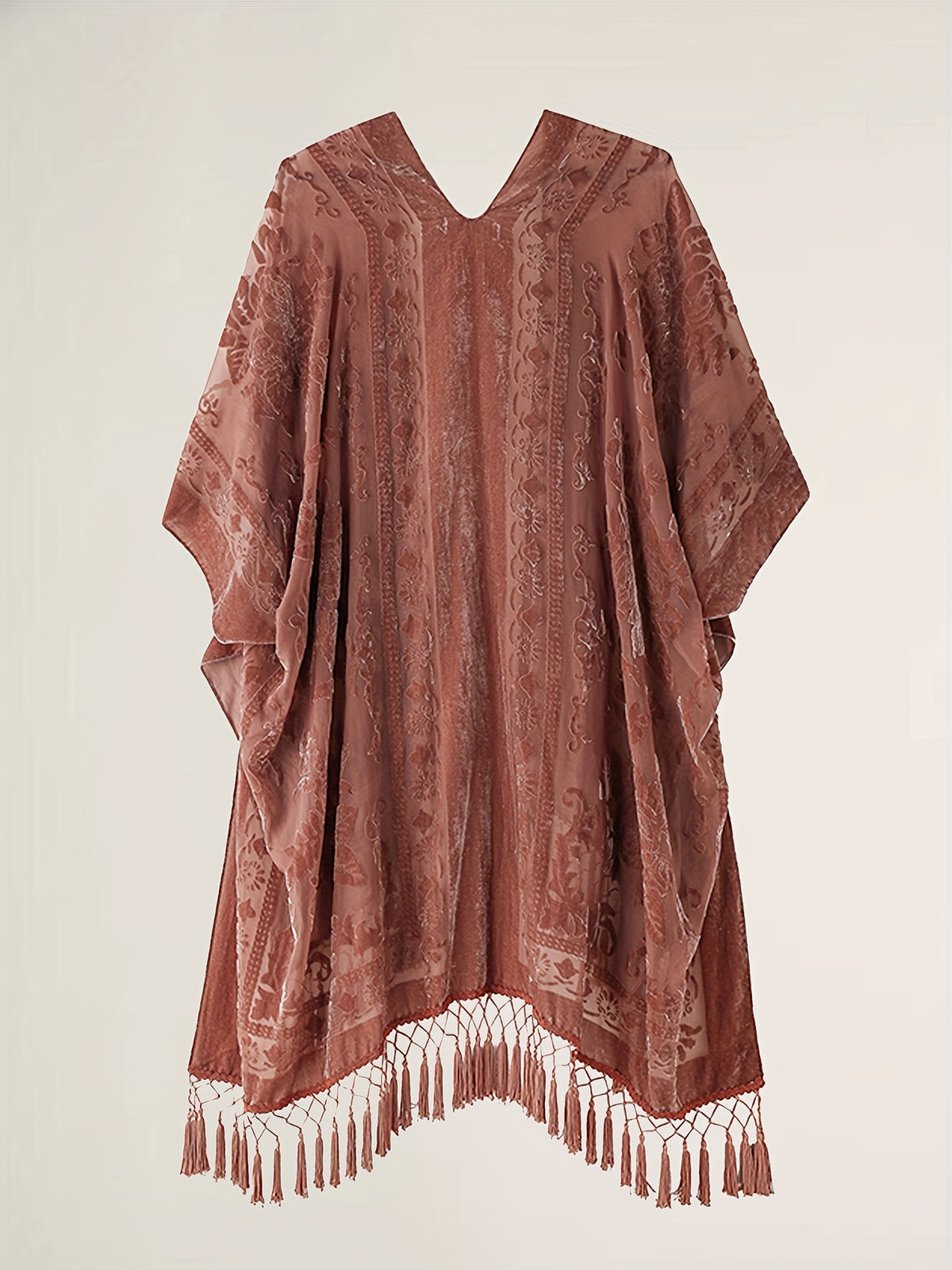 Boho Burnout Velvet Kimono Women Long Cardigan Cover Up Tassel Floral Embroidered One Size