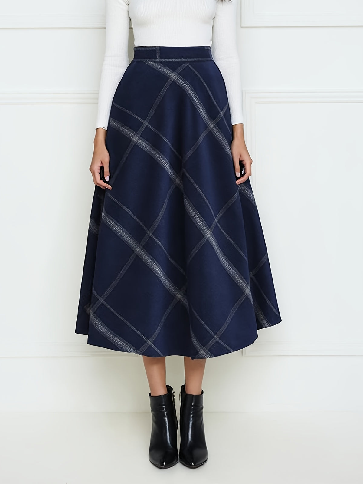 Wool Plaid Maxi Skirt Women A-Line Pleated Elastic Waist Fall Winter Long Skirt Grey M-XXL
