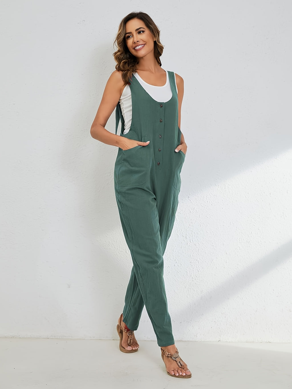 Linen Jumpsuit Women Wide Leg Casual Loose Overalls with Pockets Sleeveless Adjustable Strap Summer Palazzo Pants Romper Beige Black XS-XXL