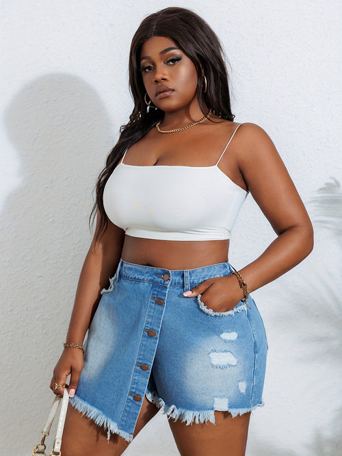 Boho Denim Shorts Women Asymmetrical Ripped Detail Button Closure Solid Color Non-Stretch Woven Light Blue Jean Shorts Spring Summer Fashion