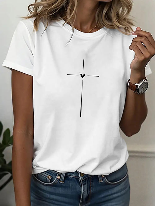 Cross and Heart Graphic T-Shirt Women Short Sleeve Crew Neck Casual Artistic Tee - Faith Aesthetic Daily Wear Top for All Seasons