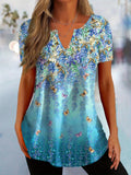 Butterfly Print Retro Graphic Tee Women Short Sleeve Casual Spring Summer T-Shirt Unique Random Print Soft Stretch Knit Blue S-M