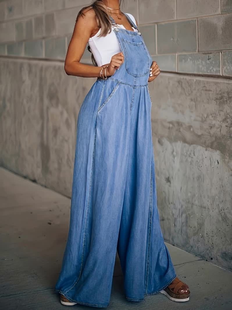 Women's Wide-Leg Denim Overall Pants Adjustable Shoulder Straps Large Pockets Loose Casual S-XXL