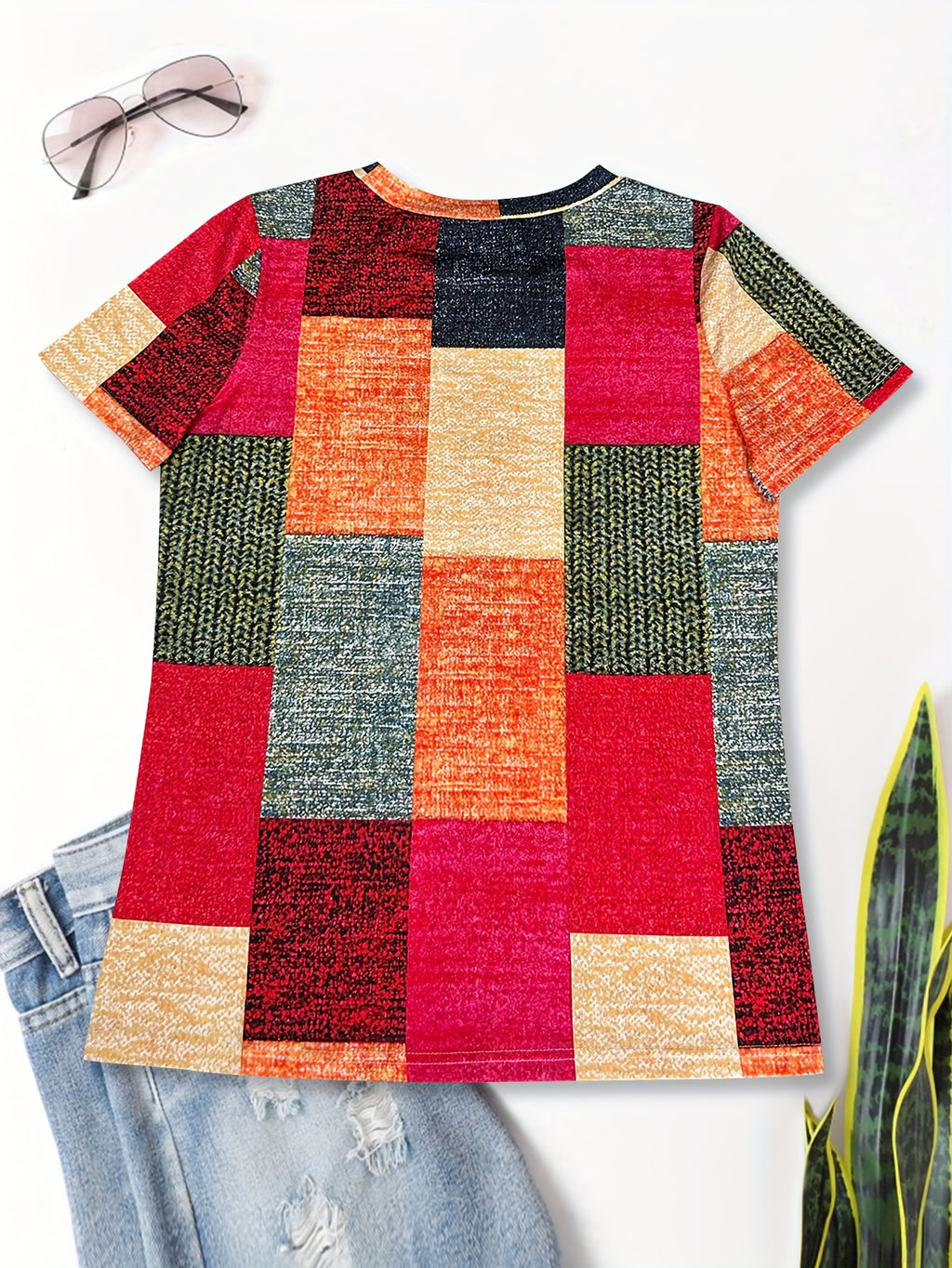 Plaid Print V-Neck T-Shirt Women Short Sleeve 180g Knit Micro Stretch Machine Washable Casual Spring Summer Tee Fashion Top S-XXL