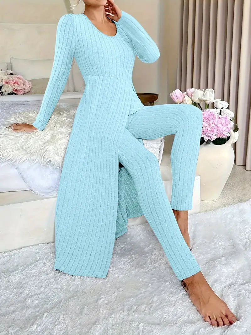 Heavyweight Fleece Lounge Set Women Oversized Long Sleeve Wide-Leg Pants Cozy Winter Two-Piece Ribbed Minimalist S-XL