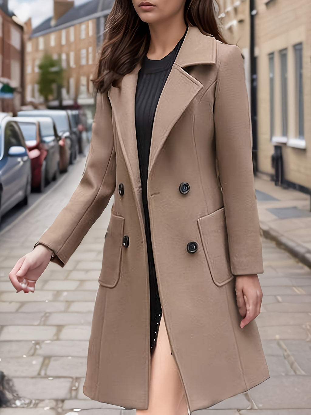 Black Long Coat Women Double Breasted Open Front Lapel Collar Pockets Fall Winter Elegant Outerwear Solid Color