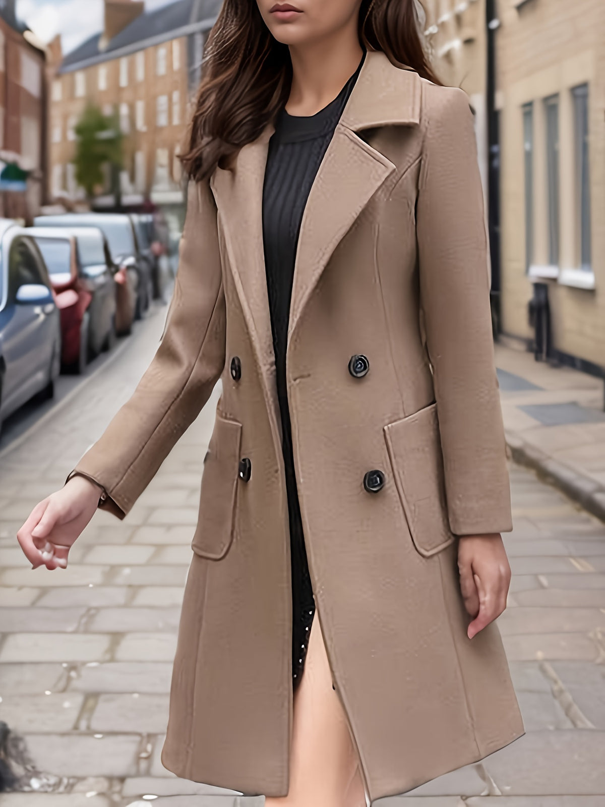 Black Long Coat Women Double Breasted Open Front Lapel Collar Pockets Fall Winter Elegant Outerwear Solid Color