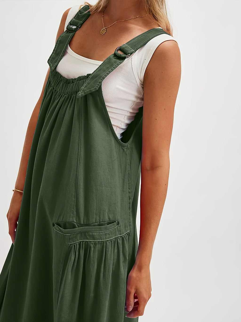 Overall Dress Women Loose Adjustable Strap Midi Length Big Pockets Workwear Casual Bib Jumper Dress Spring Summer S M L XL XXL