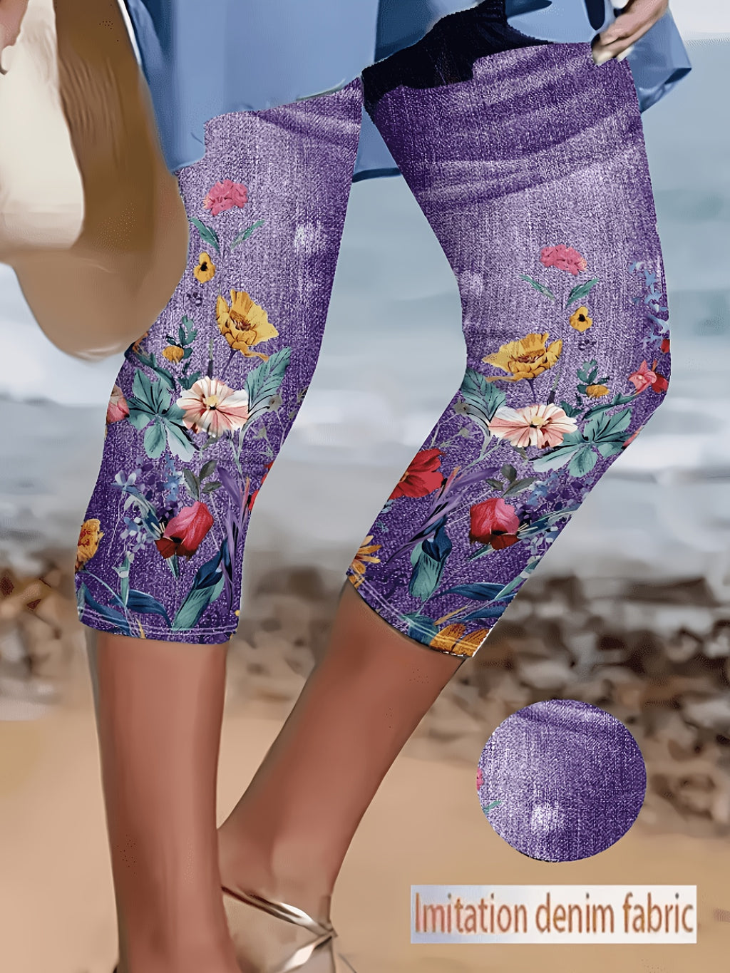 Faux Denim Print Capri Leggings for Women – Imitation Denim Floral Pattern 3/4 Length, Mid-Stretch Knit, Elegant Party Vacation Commute, 5 Colors S-XXL
