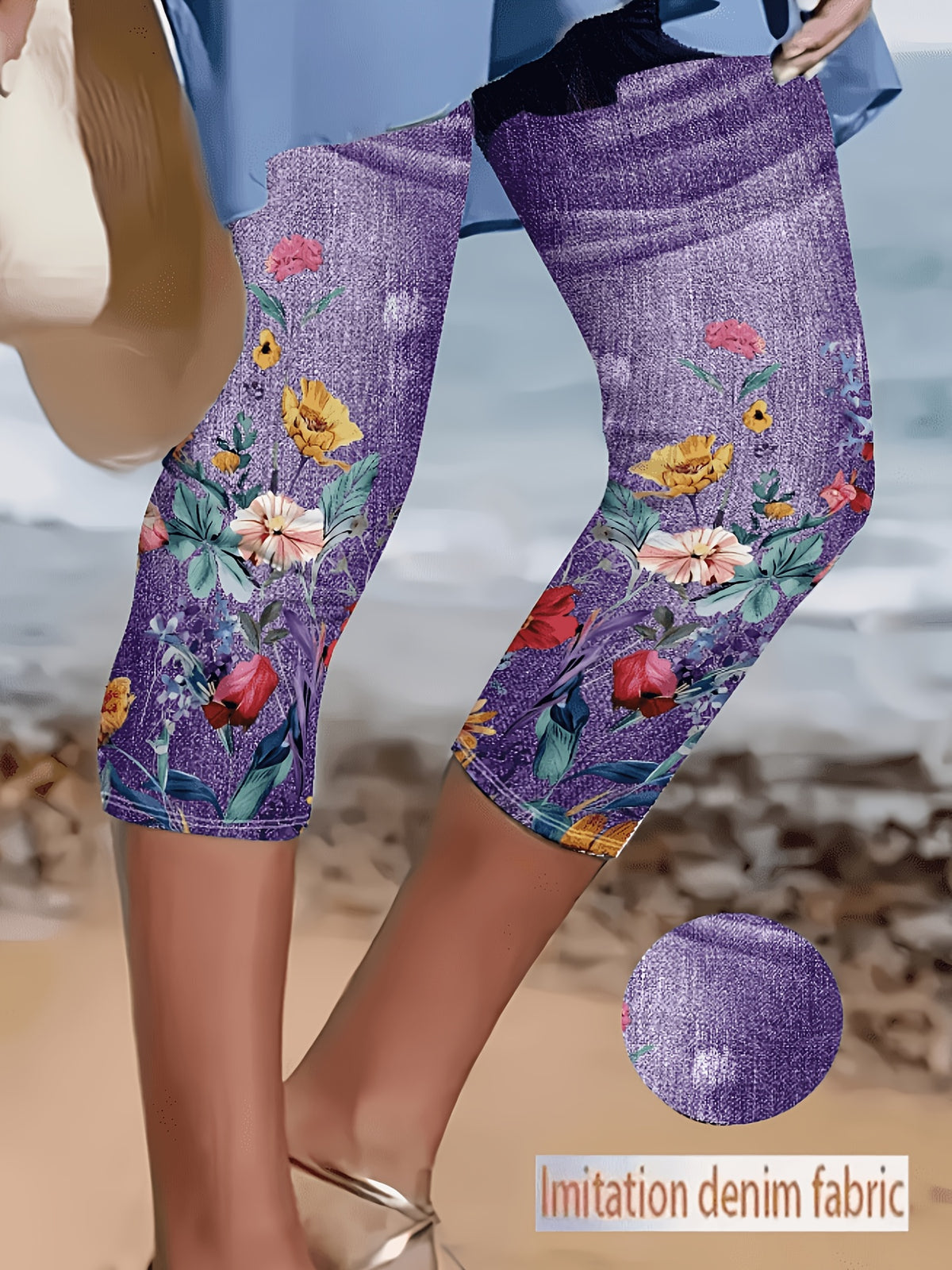Faux Denim Print Capri Leggings for Women – Imitation Denim Floral Pattern 3/4 Length, Mid-Stretch Knit, Elegant Party Vacation Commute, 5 Colors S-XXL