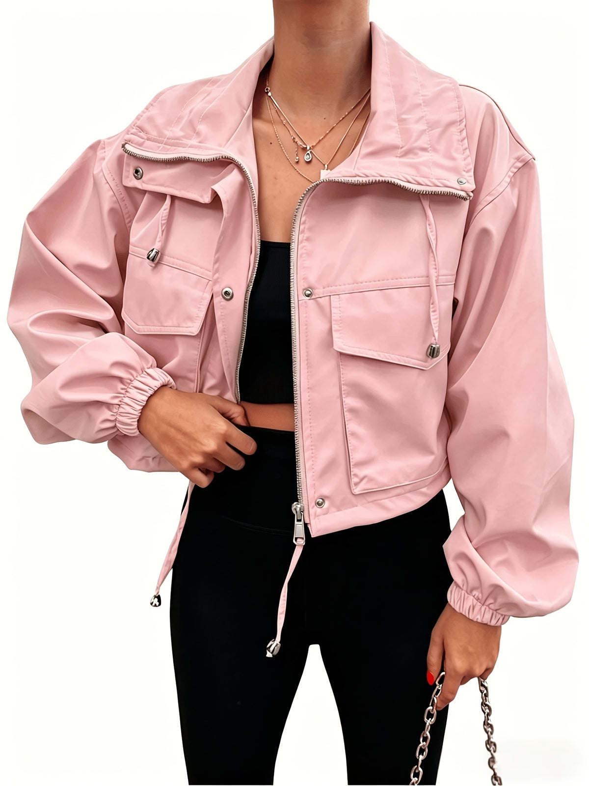 Cropped Jacket Women Zip Up Lightweight Oversized Drop Shoulder Utility Anorak Coat with Pockets Casual Streetwear Black Pink Apricot Navy White Green Khaki S-XXL