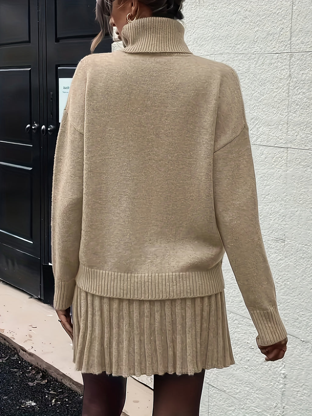 High-Neck Sweater Pleated Skirt Two-Piece Set Women Elegant Drop Shoulder Long Sleeve | Chic Knit Top + Pleated Skirt Co-Ord for Fall Winter Office & Daily Wear