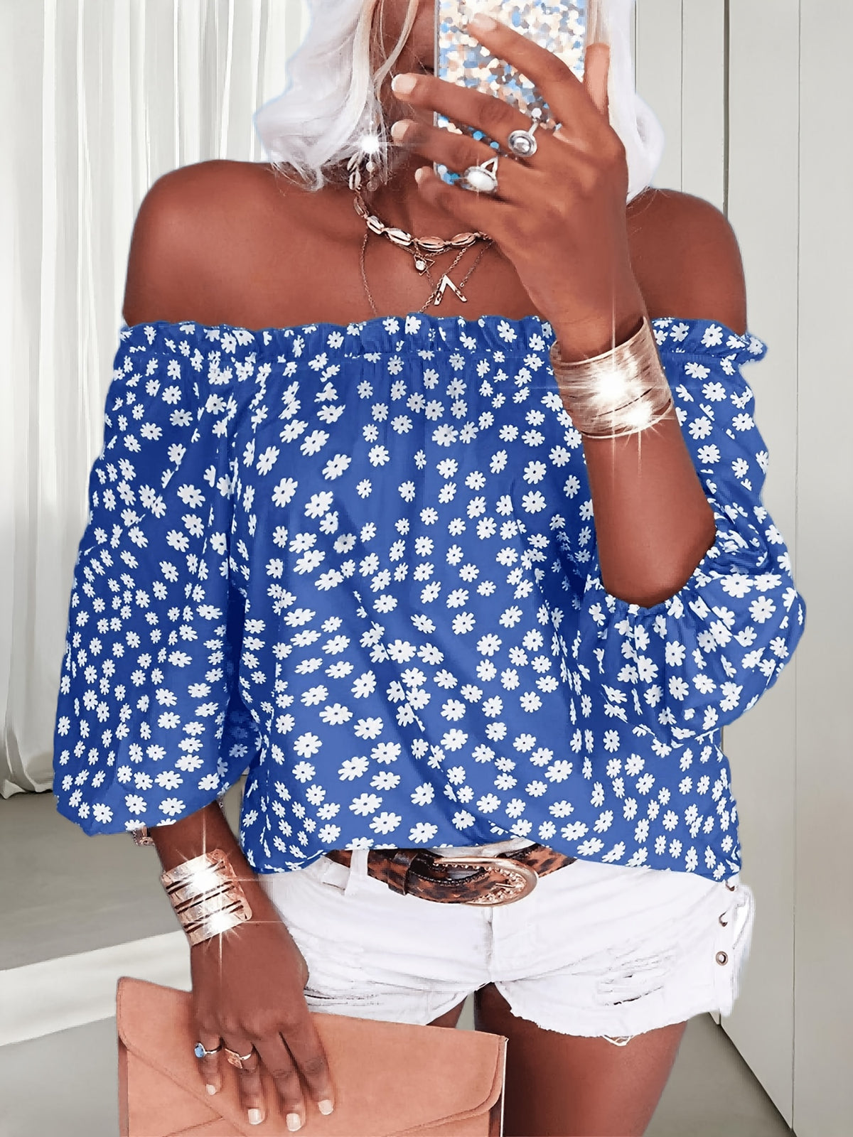 Floral Off Shoulder Chiffon Blouse Women 3/4 Sleeve Casual Summer Top Shirt 10 Colors S-XXL