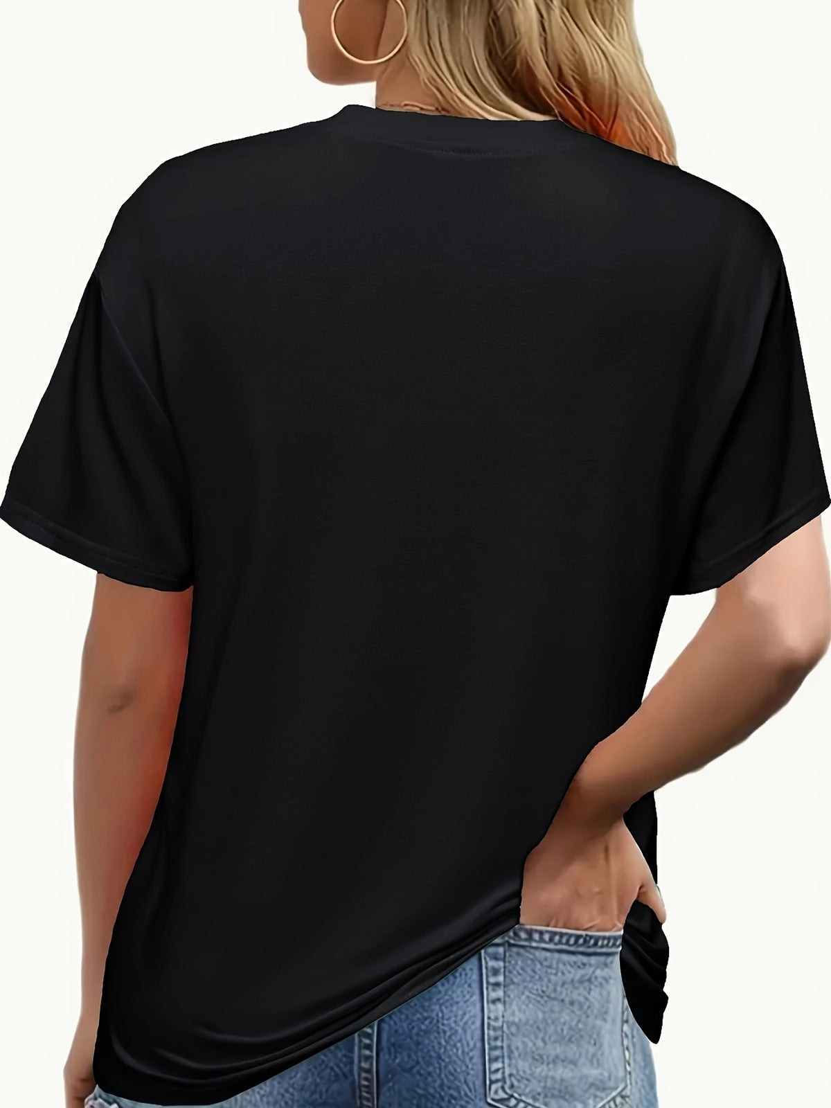 Alphabet Print Stretch Tee Women Black Crew Neck Short Sleeve Lightweight Breathable Casual All Season Graphic Top S-XXL