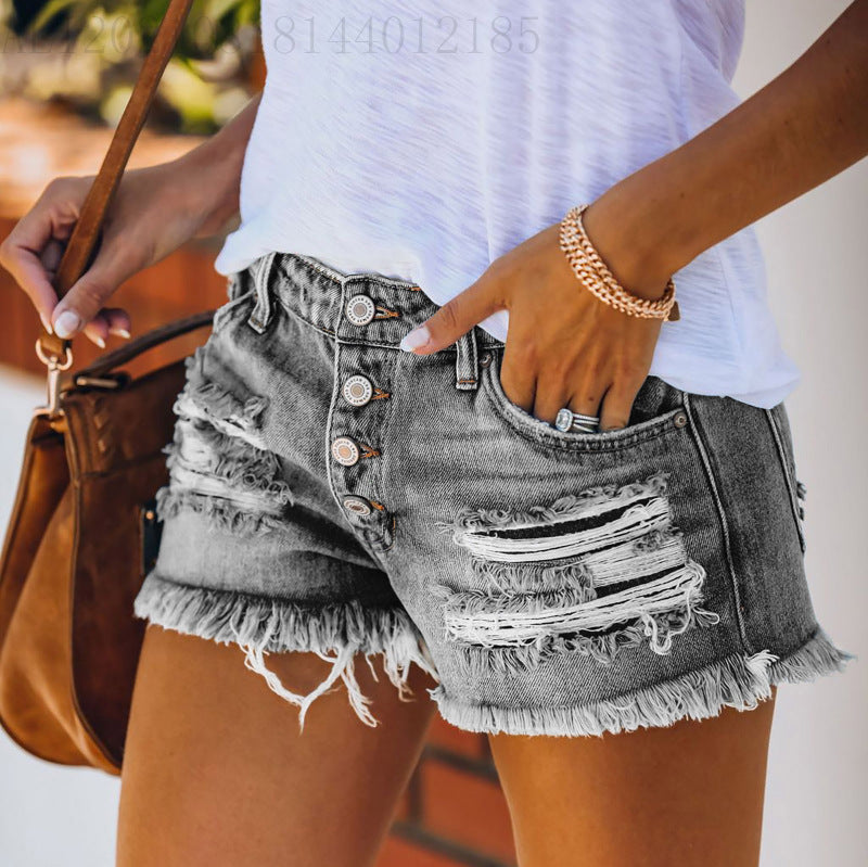 Ripped Denim Shorts for Women High Waist Distressed Raw Hem Stretch Vintage Casual Streetwear Short Jeans Blue Grey S-XXL
