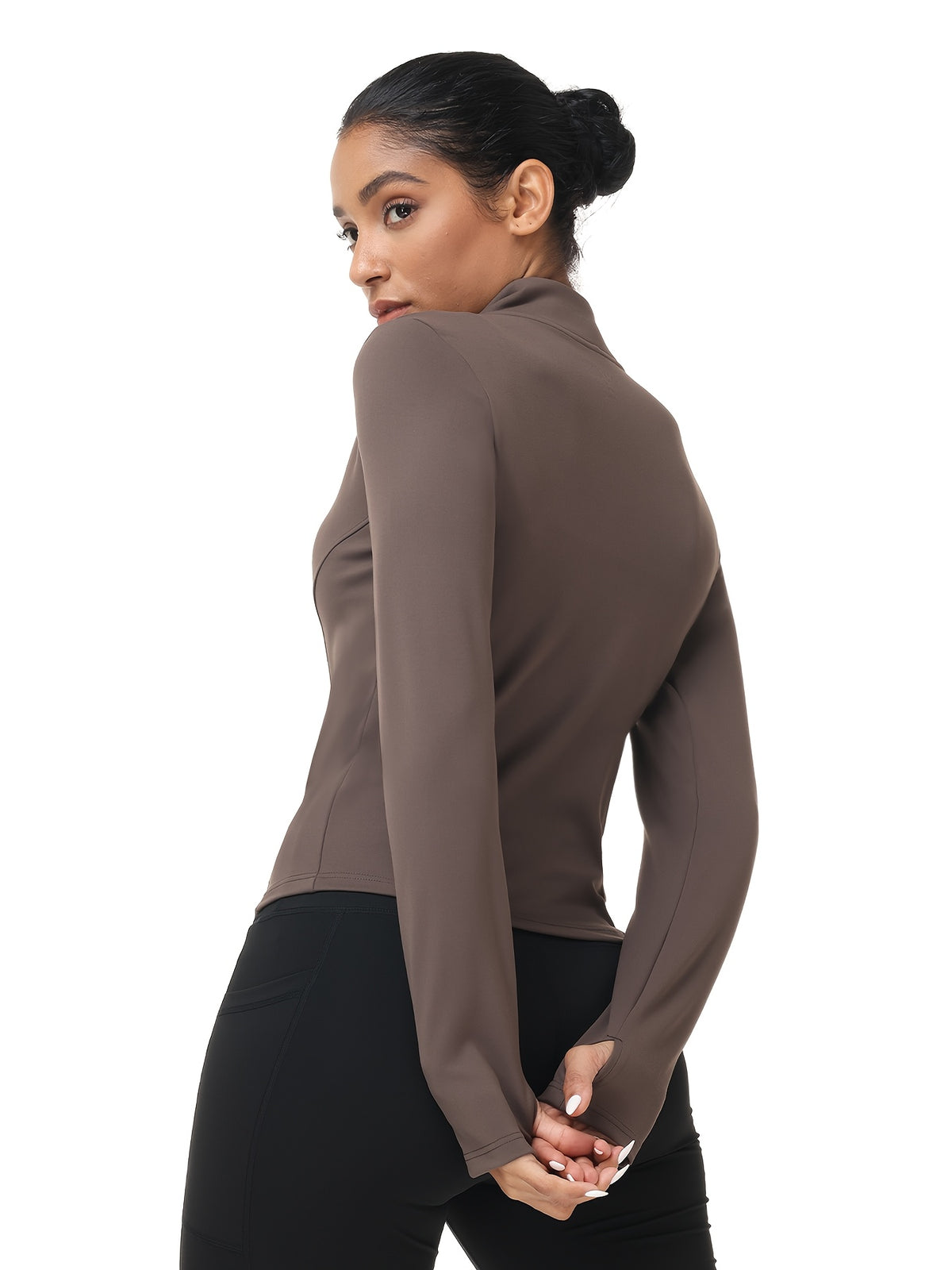 Women Zip Up Workout Jacket Thumb Holes Lightweight Moisture Wicking Slim Fit Sportswear Black Camel S-XL