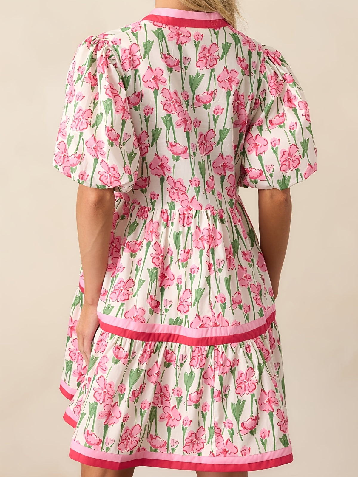 Puff Sleeve Floral Mini Dress Women Boho V-Neck Loose Flared Hem Lightweight Beach Vacation Dress Summer S-XXL