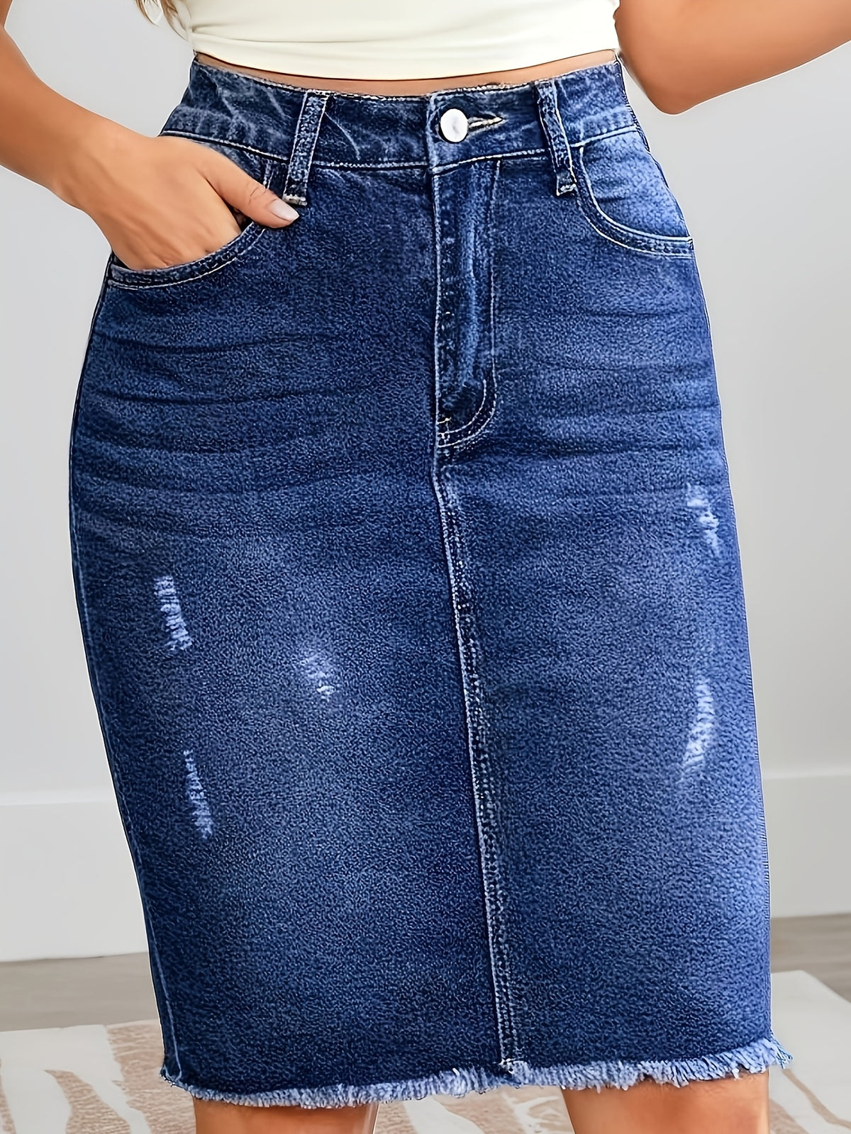 Mid Waist Stretch Slim Fit Denim Skirt Women Distressed Frayed Hem Hole Design Blue Elegant Casual S-XXL