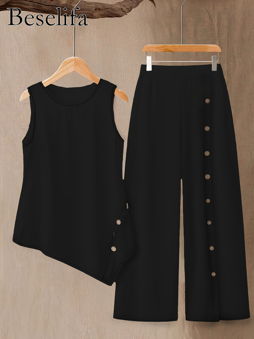 2pcs Sleeveless Top & Pants Set Women Solid Color Round Neck Elegant Casual Matching Outfit Spring Summer Vacation S-XXL