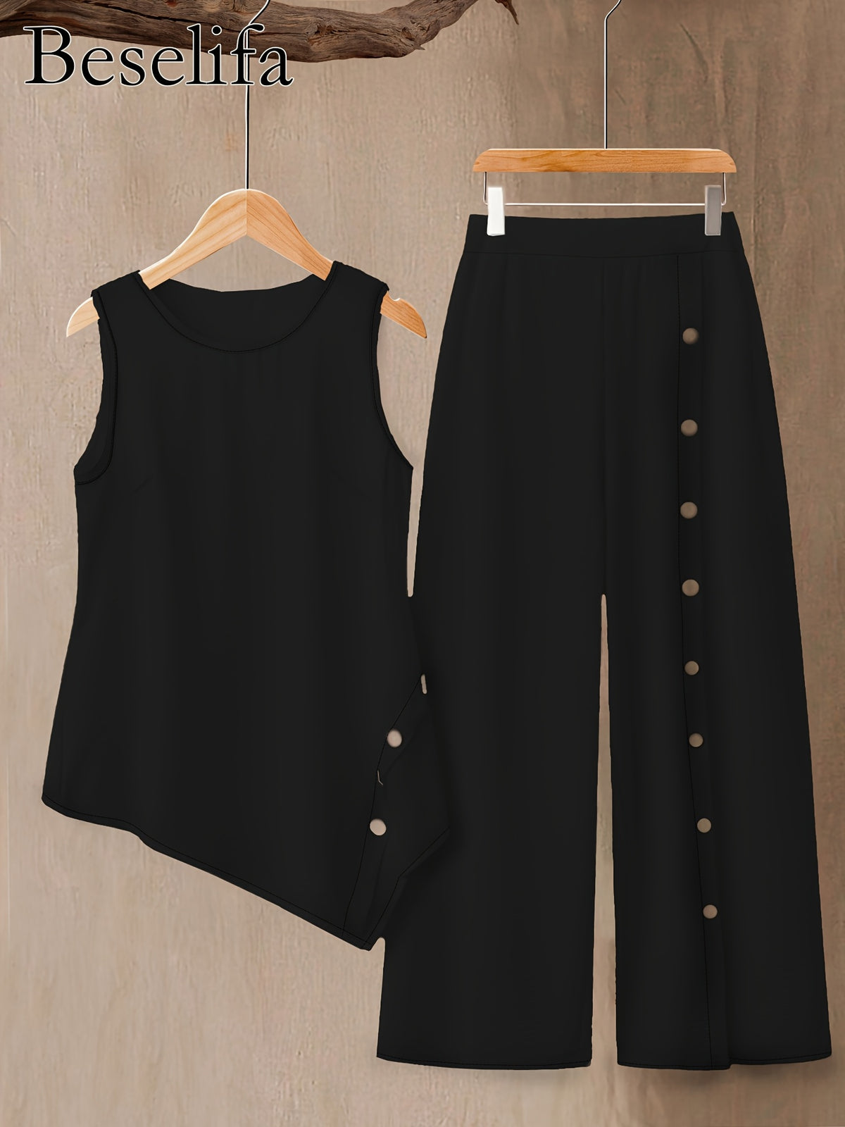 Women's 2 Piece Outfit Sleeveless Top and Pants Set Solid Color Round Neck Casual Elegant Summer Vacation Matching Set