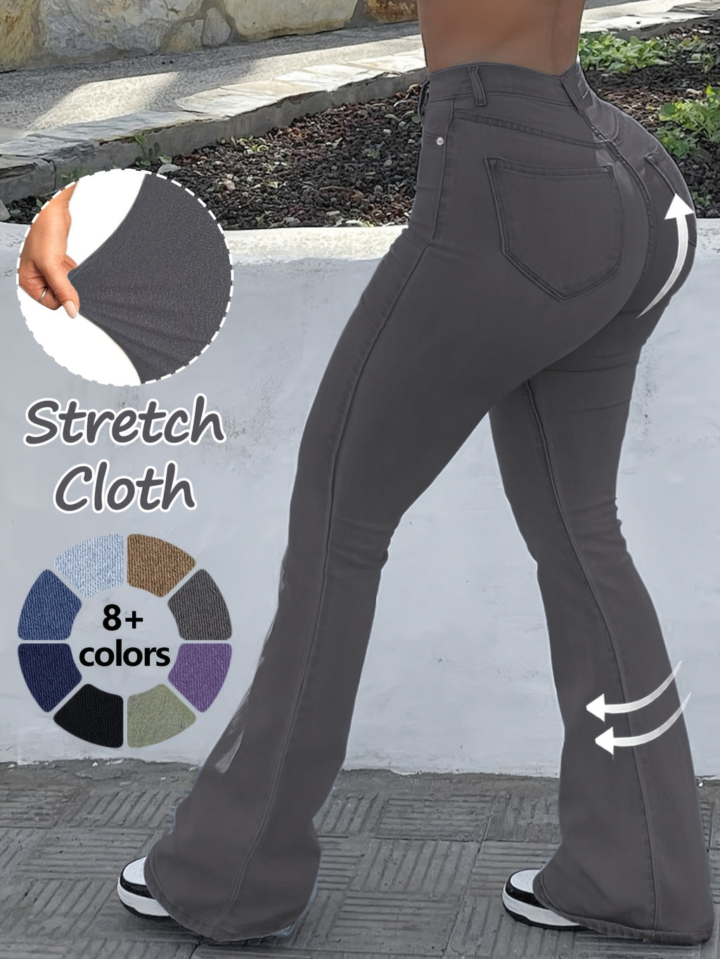 High Waist Stretch Flare Jeans Women Wide Leg Pants with Pockets – Solid Color Street Style, All-Season Comfortable Denim, Machine Washable