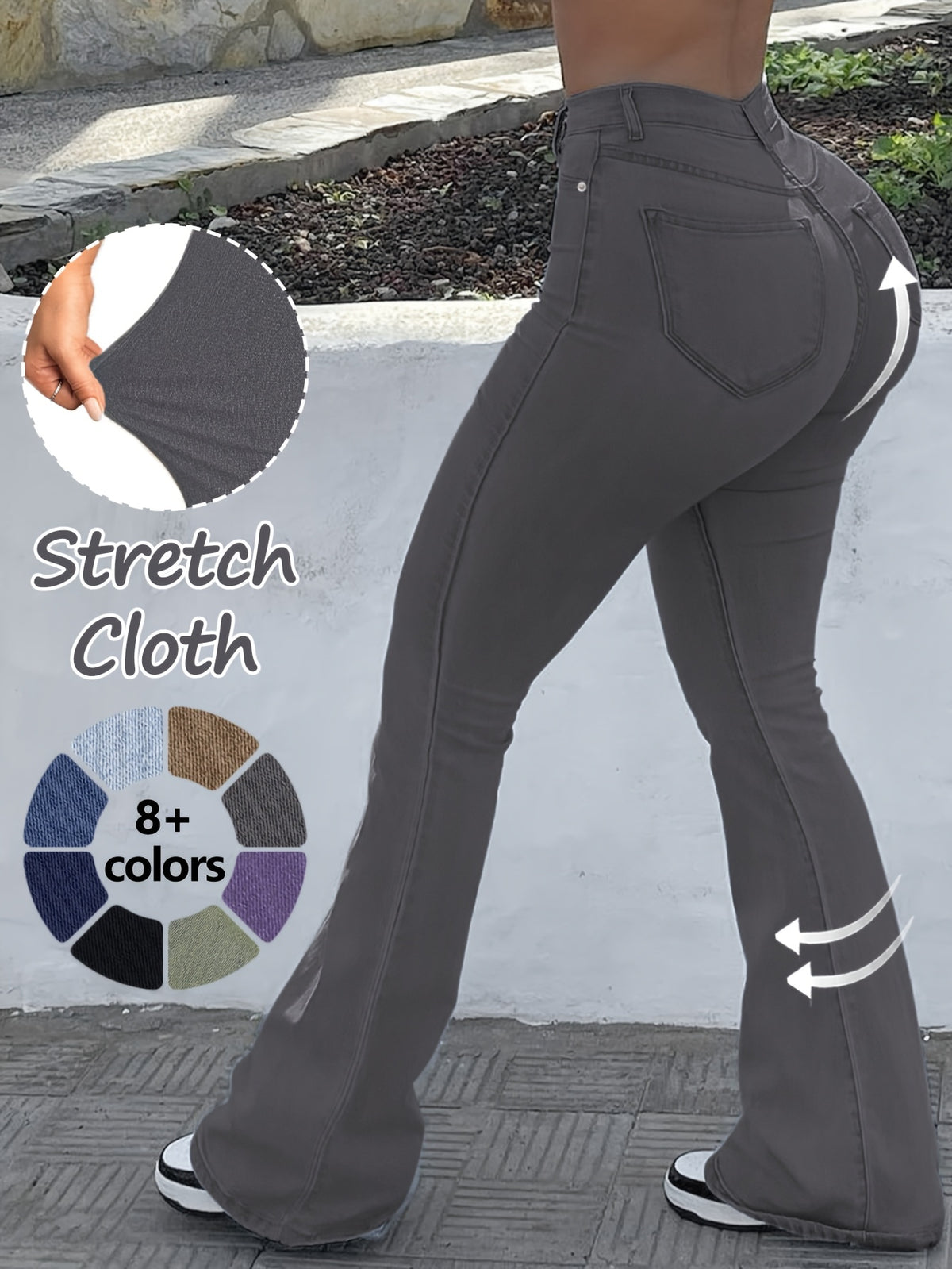 High Waist Stretch Flare Jeans Women Wide Leg Pants with Pockets – Solid Color Street Style, All-Season Comfortable Denim, Machine Washable