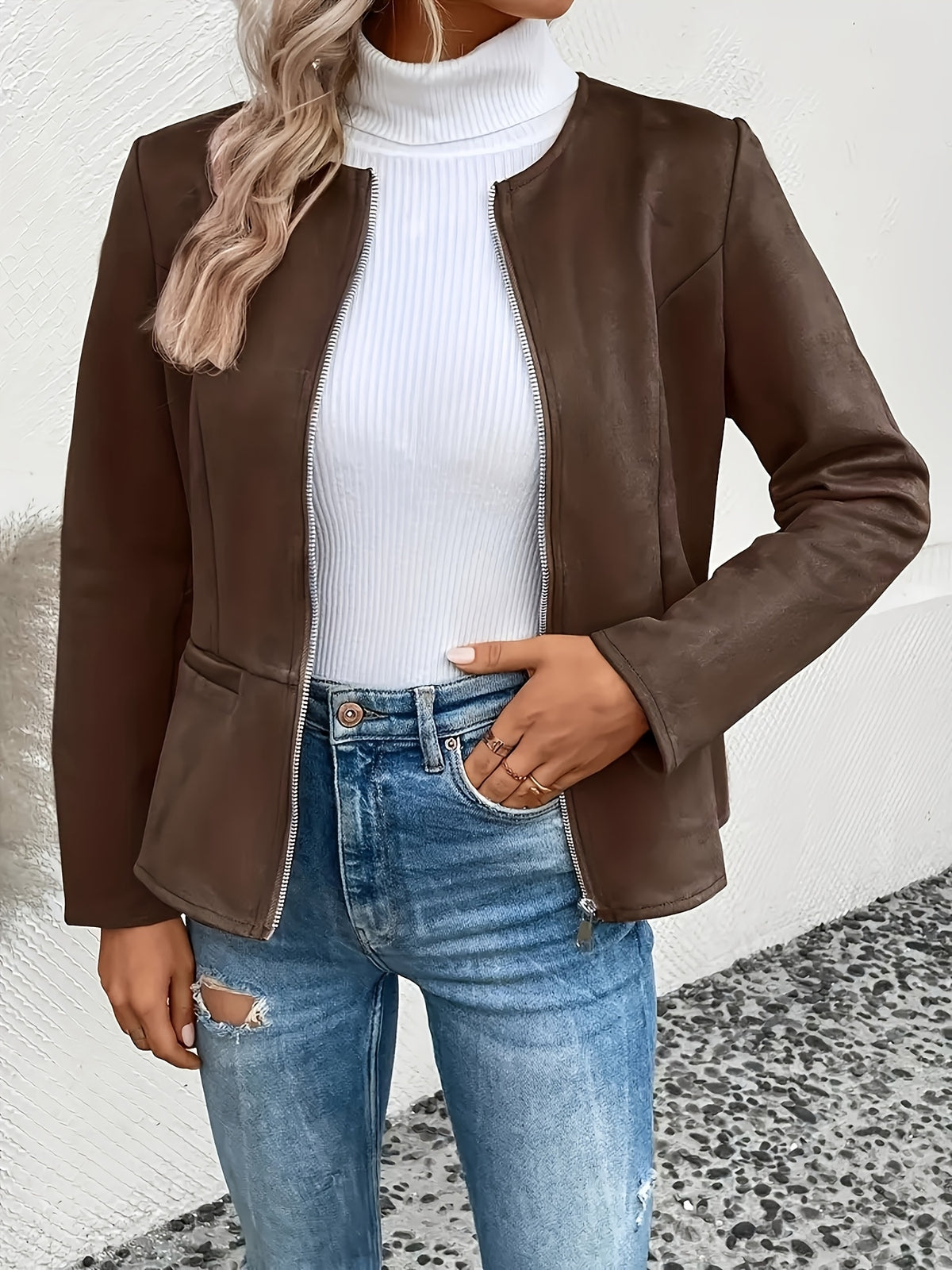Slim Fit Zip Up Jacket for Women Round Neck Long Sleeve Casual Coat Solid Color All Season Versatile