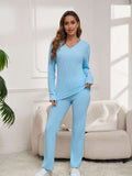 Women Solid Ribbed 2 Piece Set V Neck Long Sleeve Top Straight Leg Pants Casual Lounge Set with Pockets Fall Winter Home Wear Matching Outfit