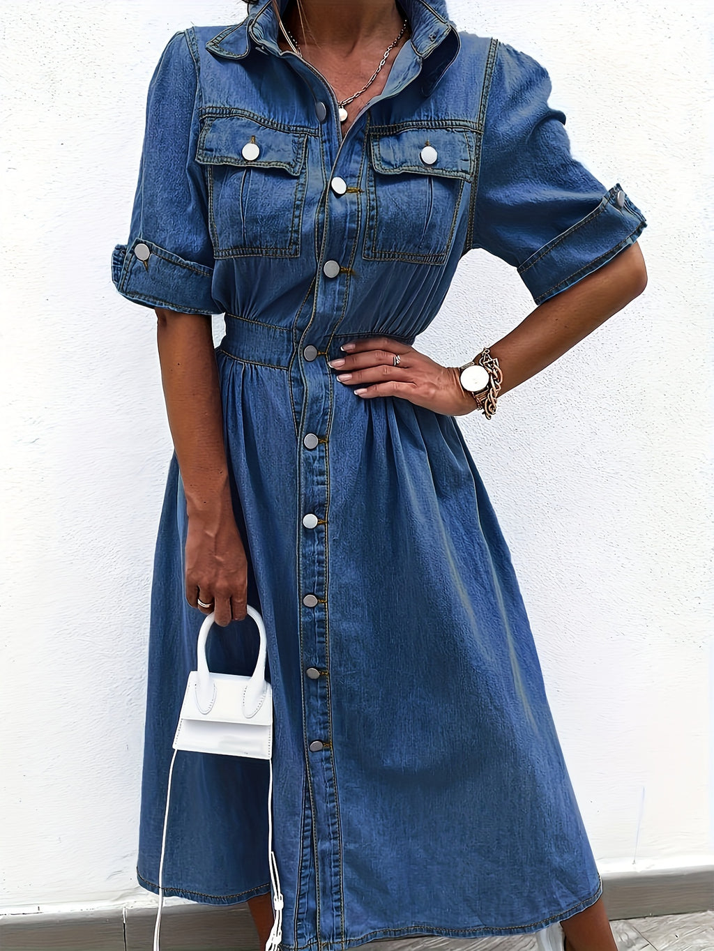 A-Line Denim Shirt Dress Women Collared Short Sleeve Button Front Pocket Jean Dress Casual Solid Color Spring Summer Everyday Wear