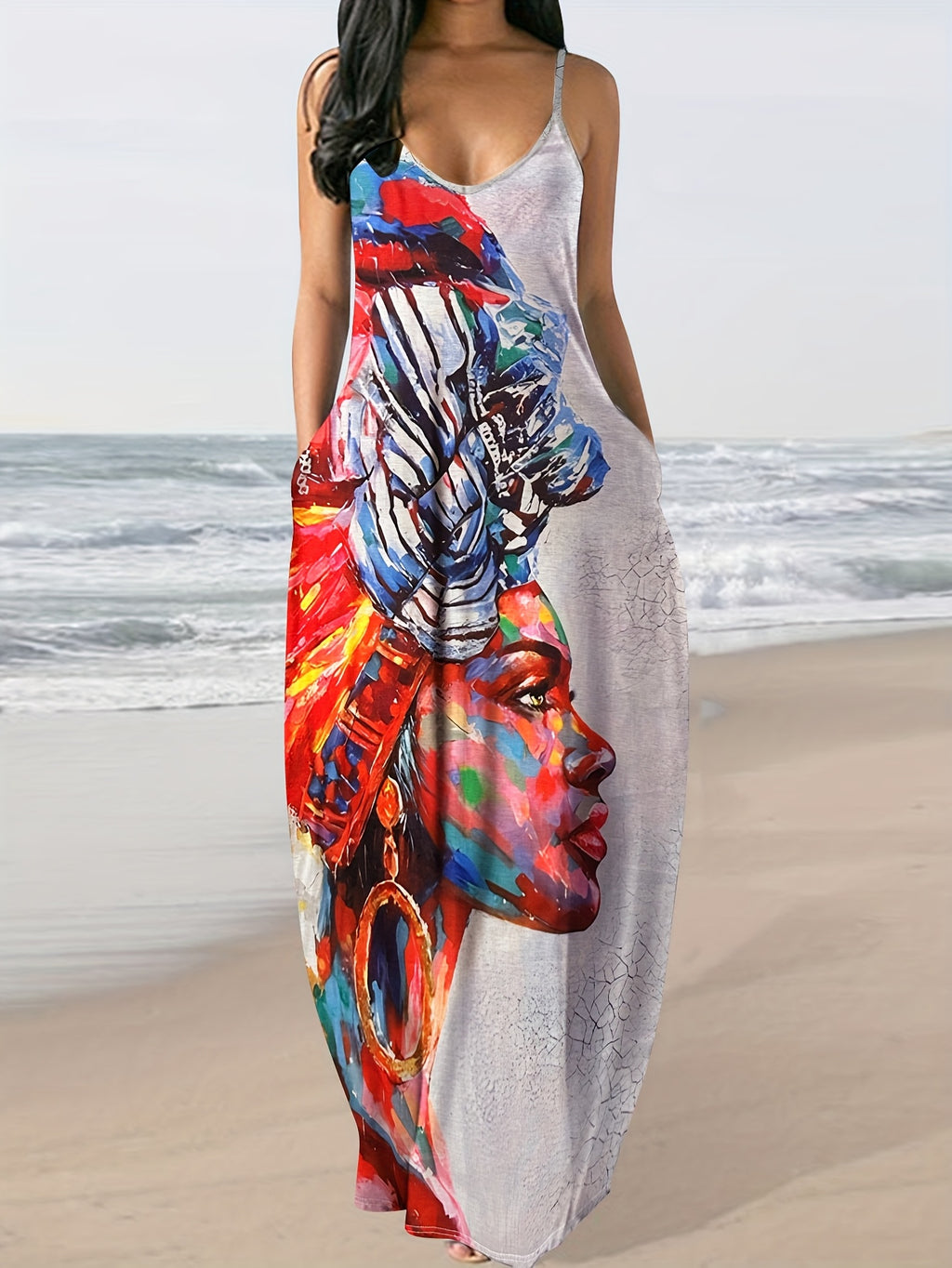 Portrait Print Spaghetti Strap Maxi Dress Women Long Summer Casual Boho European American Style Dress S-XXL