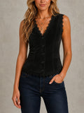 V Neck Lace Trim Vest Women Western Cowgirl Punk Waistcoat Single Breasted Summer Top