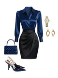 Navy Collared Shirt Black Pleated Pencil Skirt 2pcs Set Women Retro Elegant Office Commuter Business Casual Spring Fall Two-Piece Outfit S-XXL
