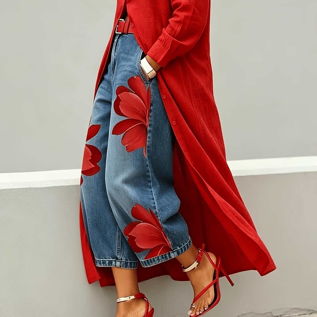 Floral Print Denim Wide Leg Pants Women Loose Fit Summer Casual Comfortable Boho Beach Trousers S-XXL