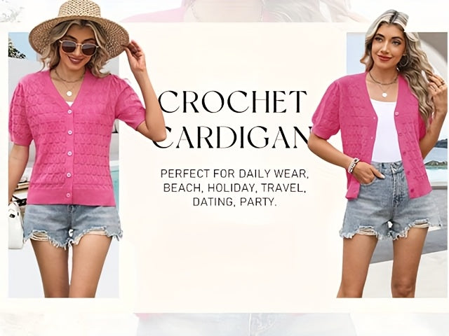 Women's Cropped Crochet Cardigan Puff Sleeve Linen Blend Sheer Lace Knit Short Top Breathable Lightweight Spring Summer Boho Fashion