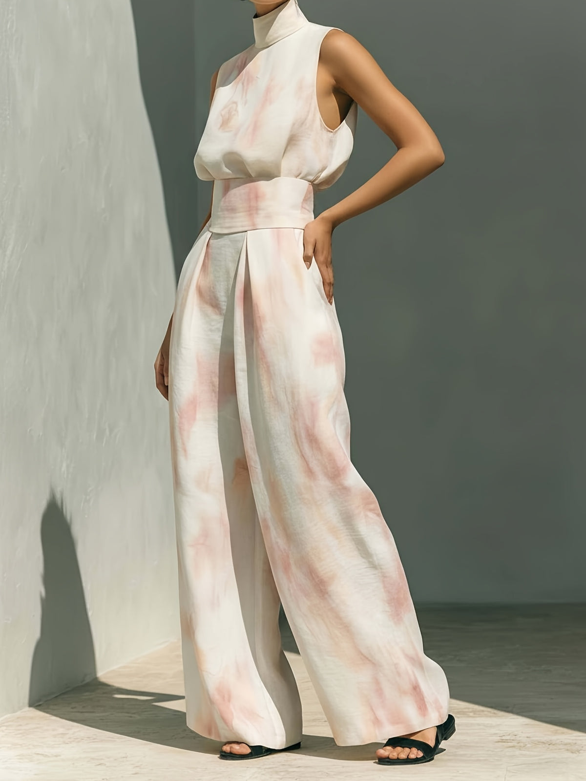 Tie-Dye Print High Neck Sleeveless Top and Wide-Leg Pants 2-Piece Set Street Style Casual S-XXL