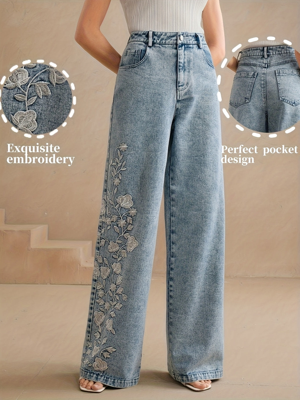 Floral Embroidered Denim Trousers for Women - Elegant Botanical Embroidery Jeans, Stylish Casual Denim Pants for Everyday & Special Occasion Outfits