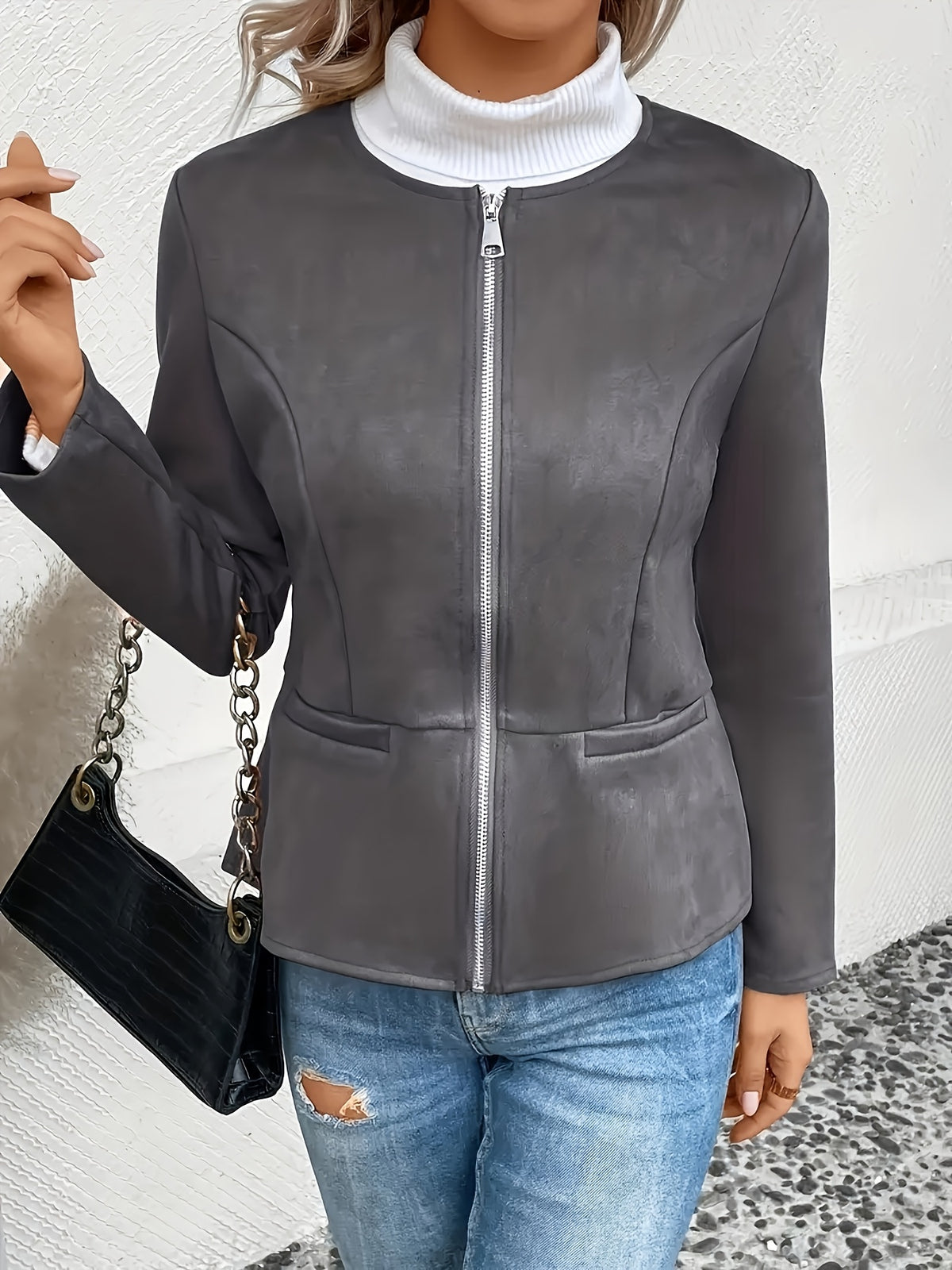 Slim Fit Zip Up Jacket for Women Round Neck Long Sleeve Casual Coat Solid Color All Season Versatile