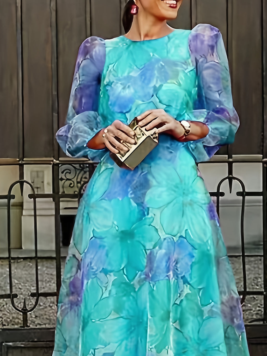 Floral Print Chiffon Maxi Dress Women Ombre Gradient Long Sleeve Back Zipper Flowy Wedding Guest Party Dress