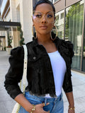 Ripped Denim Jacket Women Long Puff Sleeve Cropped Button Front Distressed Jean Coat Casual Spring Fall Layering Outerwear