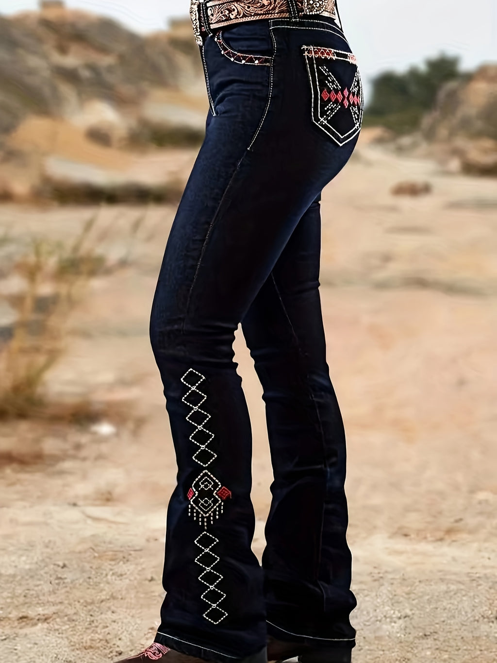 Embroidered Flare Pants Women Stretch Contrast Stitching Vintage Blue - Elegant Fashion Long Pants, All Season Chic Streetwear, Classic Stylish Wide Leg Silhouette, No Belt