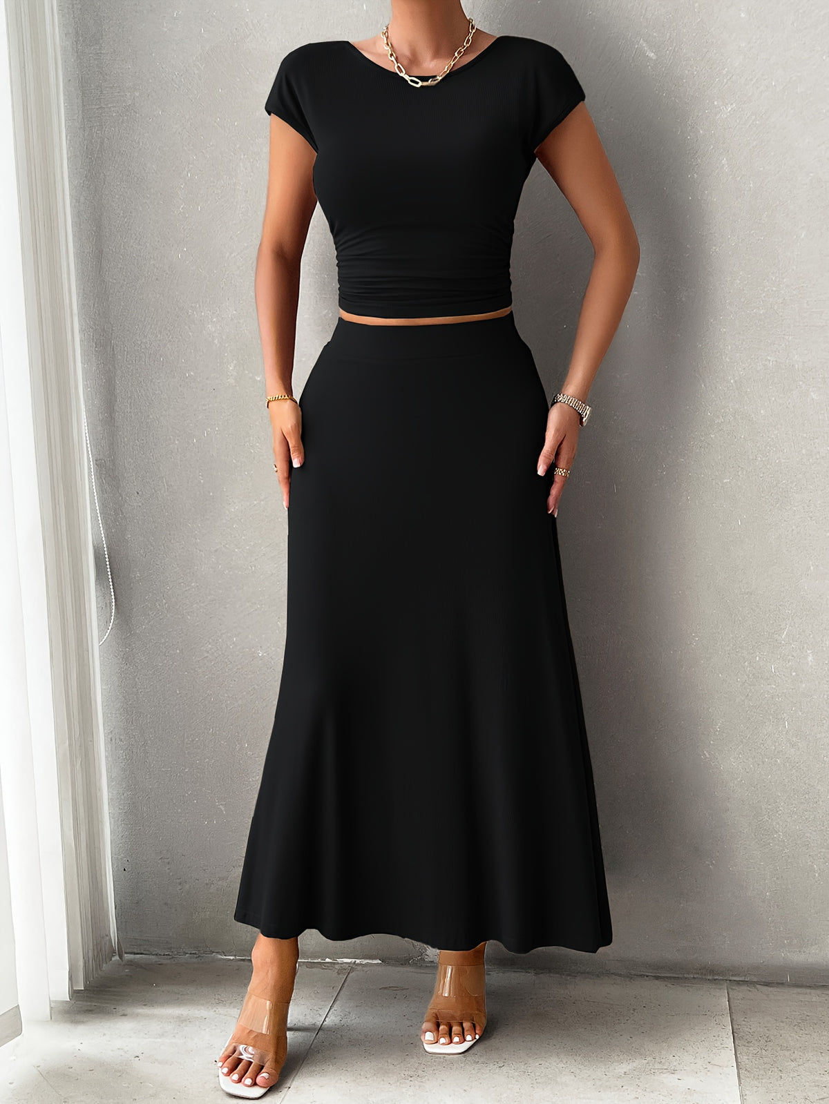 Women's 2pcs Lounge Set Crew Neck Short Sleeve Crop Top & Elastic Waist Maxi Skirt Soft Stretch Casual Summer Vacation Matching Outfit